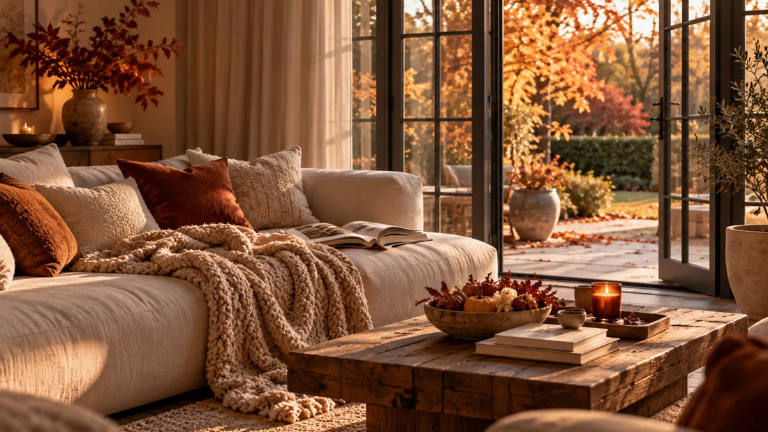 Cosy modern living room with French windows overlooking an autumn garden
