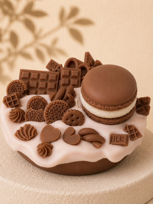 Brown Crush cake-inspired pillar candle decorated with chocolate-coloured wax sweets