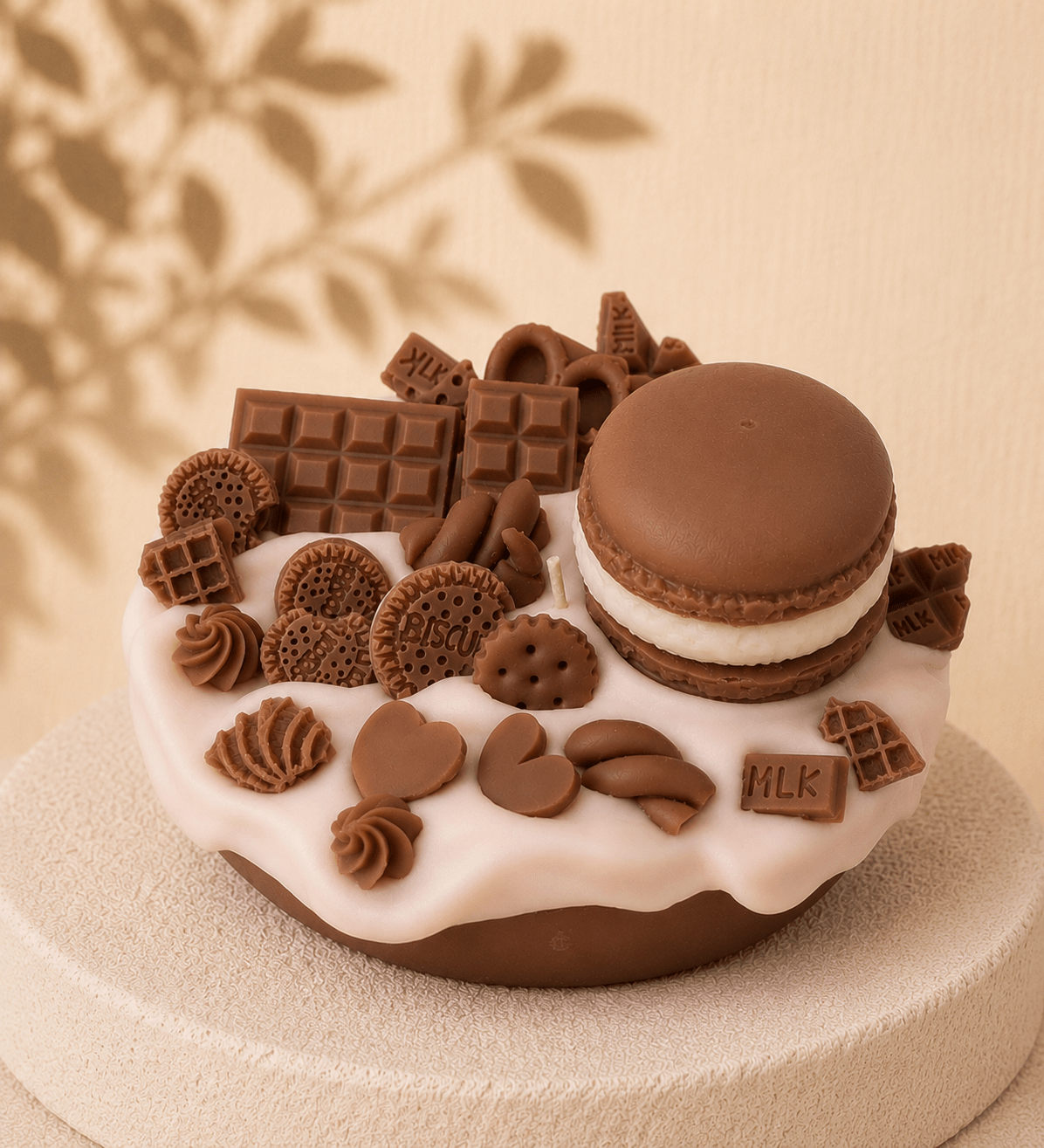 Brown Crush cake-style scented candle with a brown base, white frosting and brown wax decorations