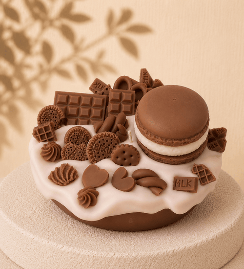 Brown Crush cake-style scented candle with a brown base, white frosting and brown wax decorations