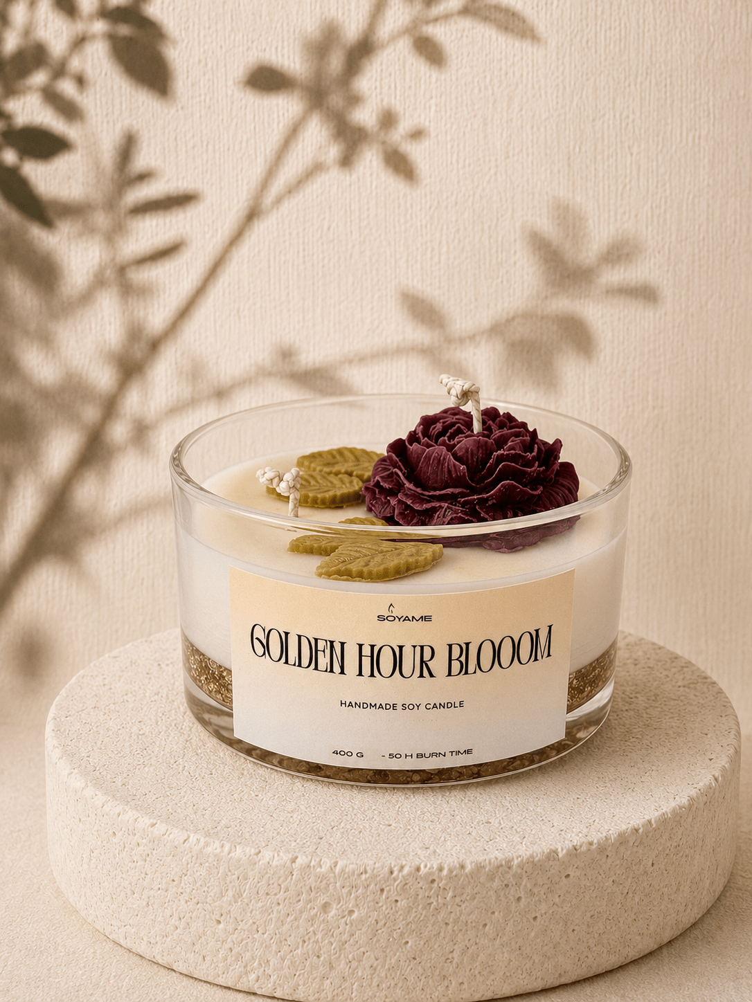 Golden Hour Bloom handmade scented soy candle by SOYAME with floral wax details and gold-flecked gel wax base