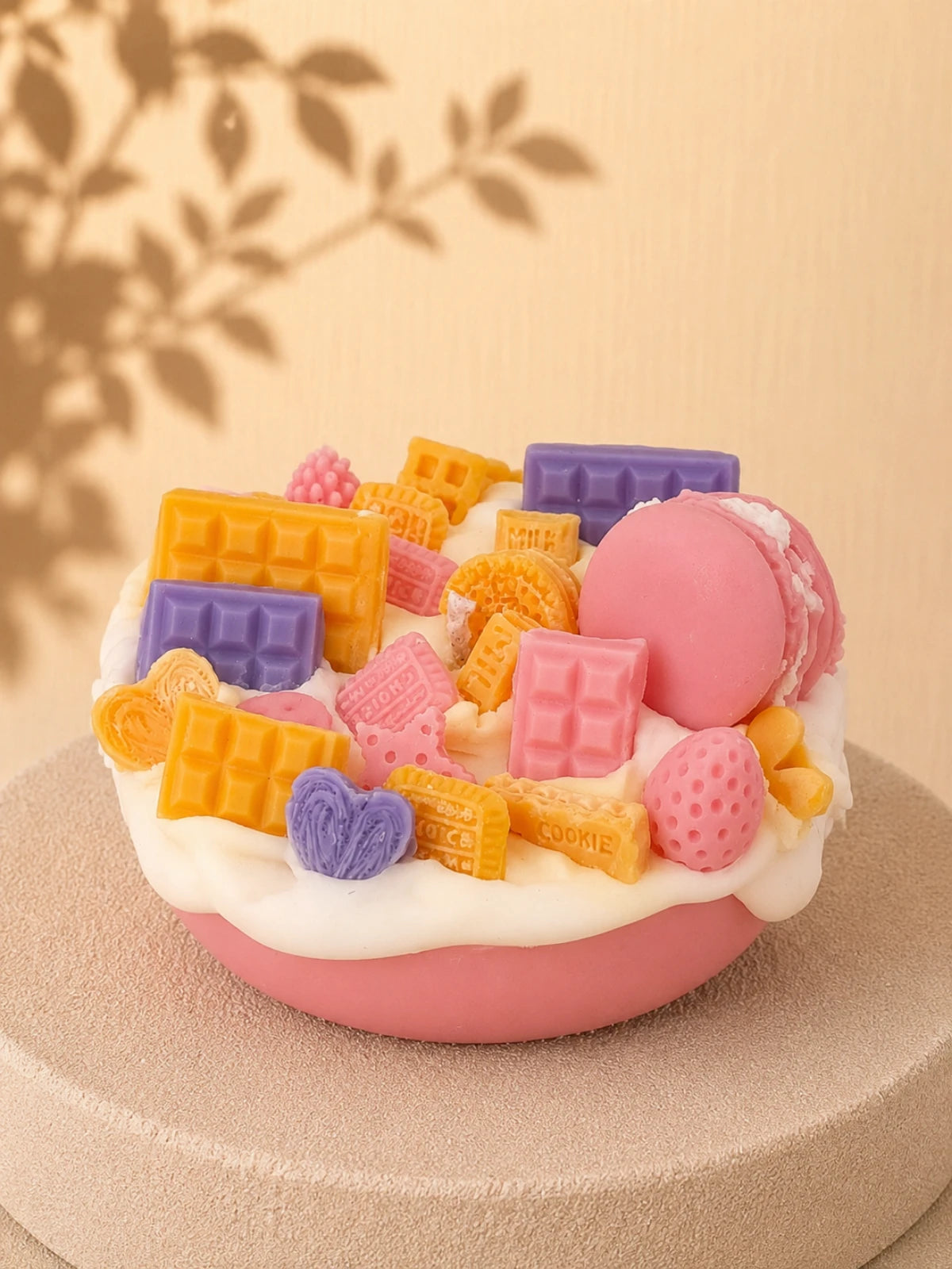Light Pink Crush cake-inspired pillar candle decorated with pink, yellow and purple wax sweets