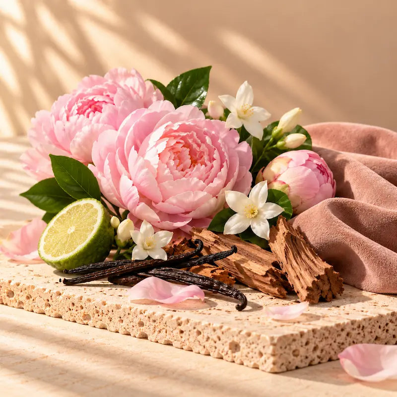 Peony & Velvet Woods (inspired by Peony and Blush Suede) fragrance card