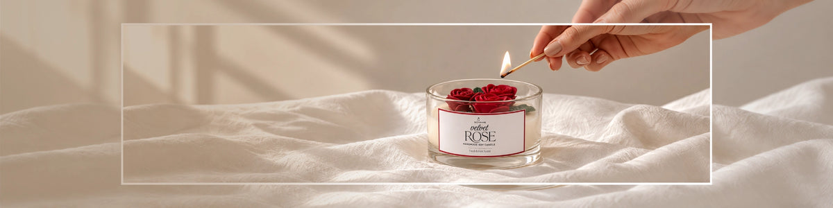 Handmade SOYAME Velvet Rose soy candle with red rose decorations being lit