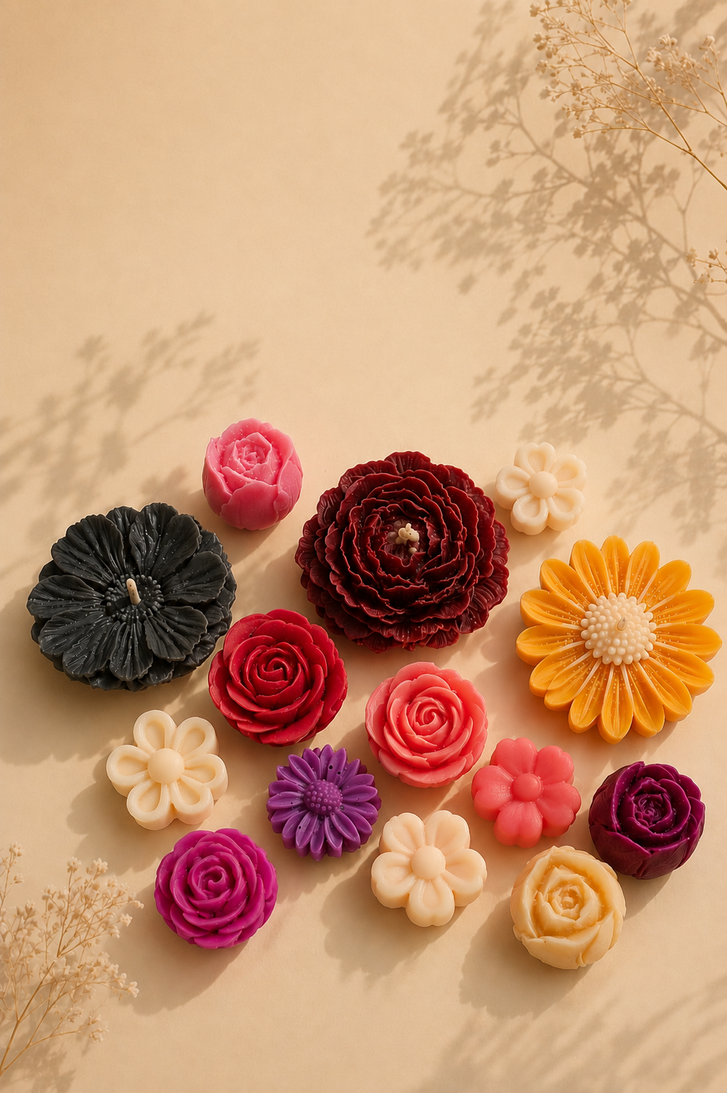 SOYAME Flower Candles Collection featuring colourful handmade soy wax flowers