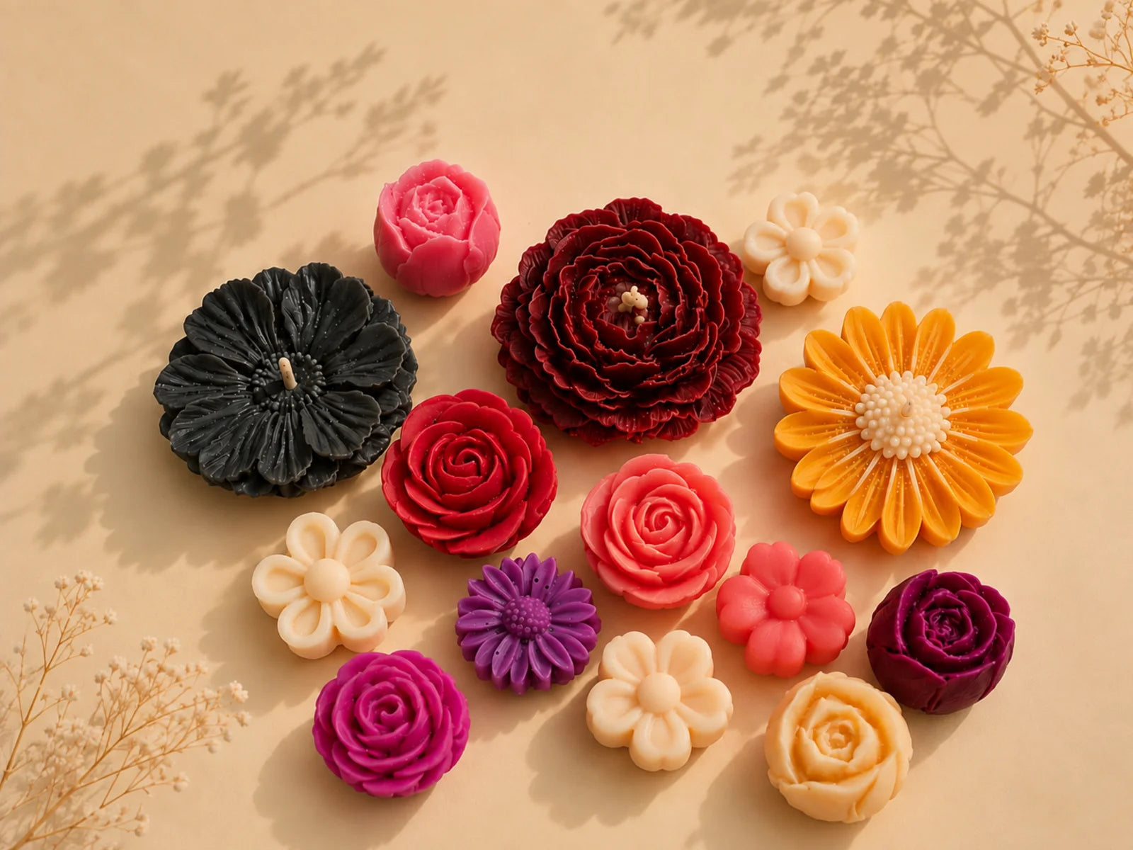 Handmade floral soy wax candles in colourful flower designs by SOYAME