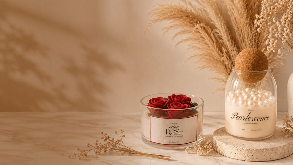 Velvet Rose and White Pearlescence handmade soy candles by SOYAME.