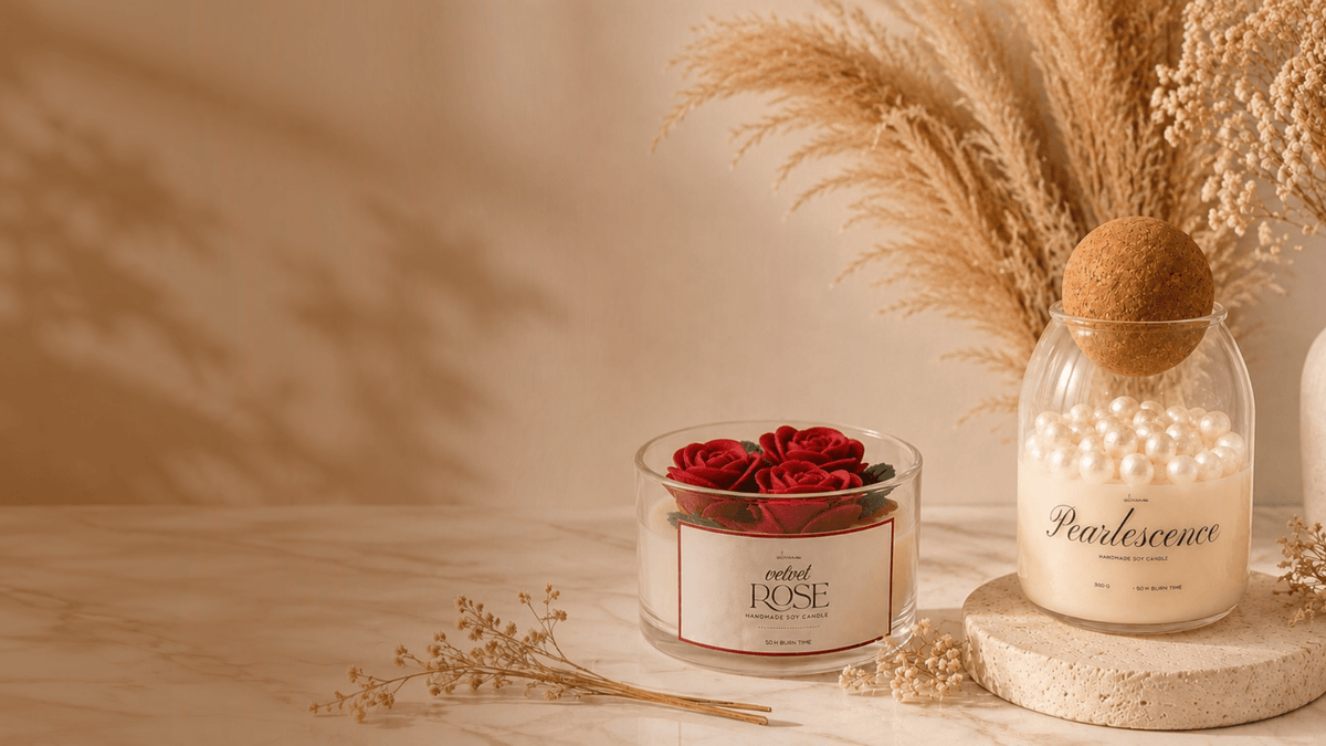 Velvet Rose and White Pearlescence handmade soy candles by SOYAME.