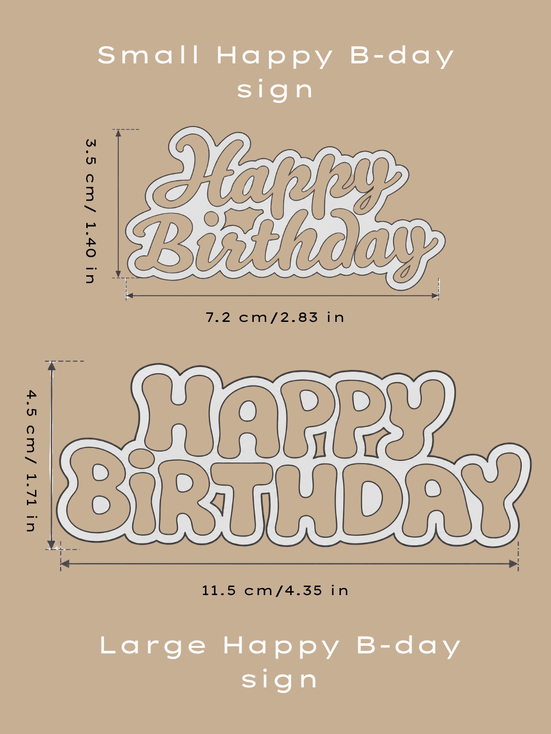 Size comparison graphic for Happy B-day sign decals, showing a small version and a large version with dimensions labeled in centimeters and inches on a tan background.