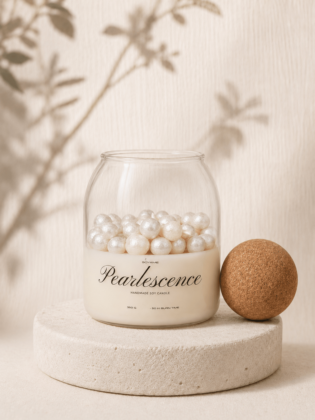 White Pearlescence scented soy candleby SOYAME with pearl wax details and lid removed