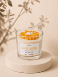 Sunlit Daisy handmade scented soy candle by SOYAME with yellow and white daisy flower wax detail