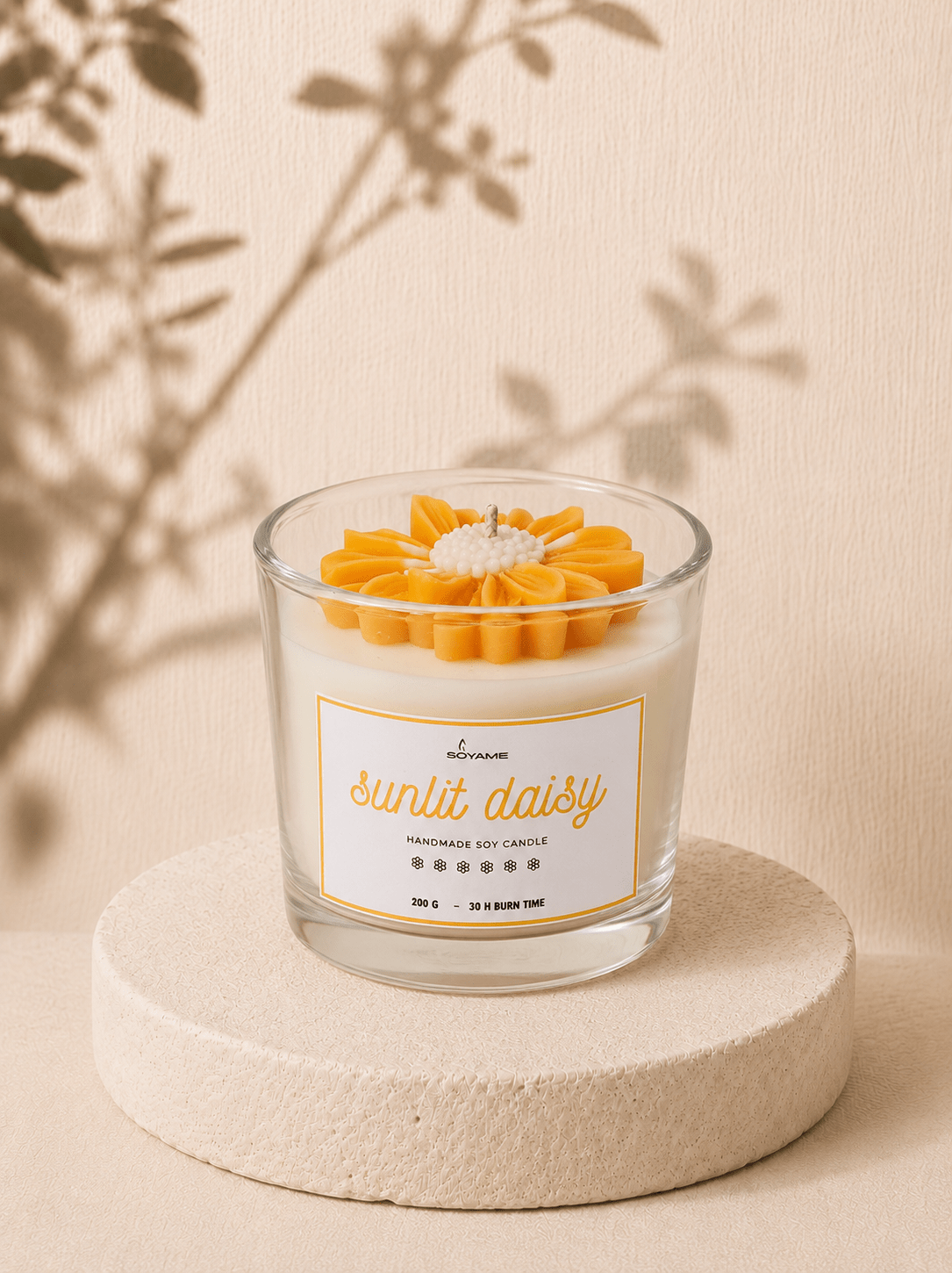 Sunlit Daisy handmade scented soy candle by SOYAME with yellow and white daisy flower wax detail