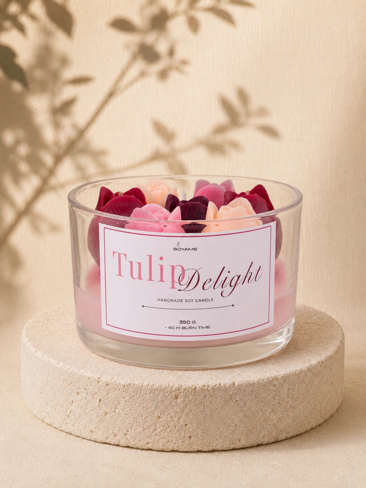 Tulip Delight handmade soy candle with colourful wax flowers in a glass jar