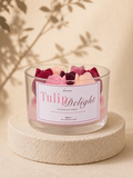 Tulip Delight handmade scented soy candle by SOYAME with colourful tulip wax details