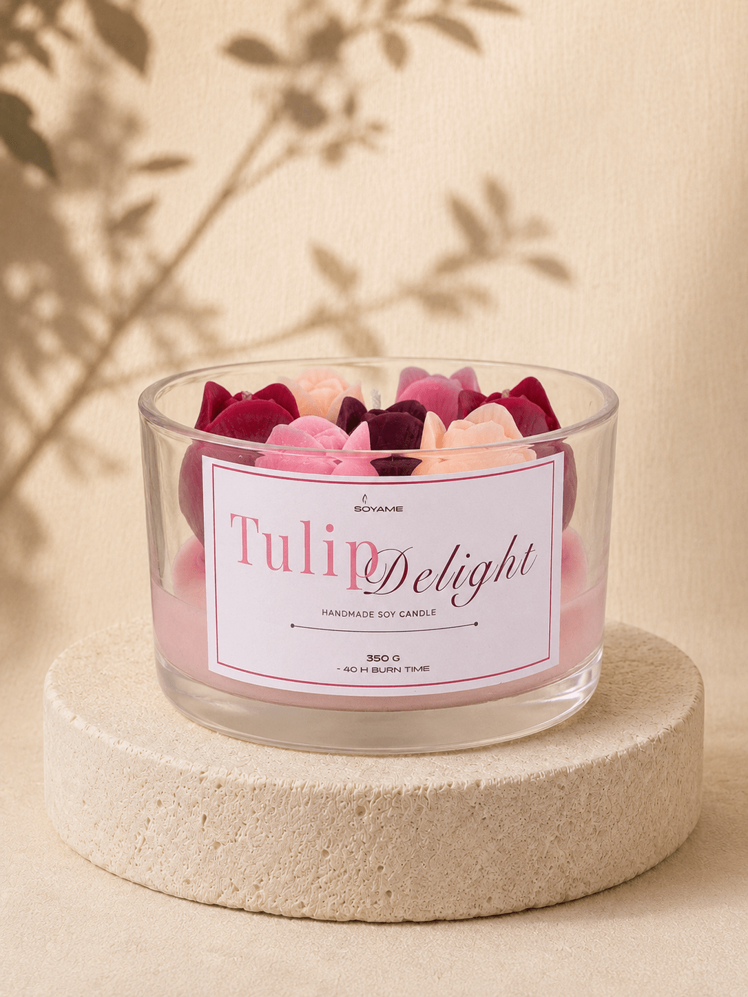 Tulip Delight handmade scented soy candle by SOYAME with colourful tulip wax details