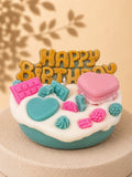 Turquoise Crush Happy Birthday pillar candle decorated with colourful sweets