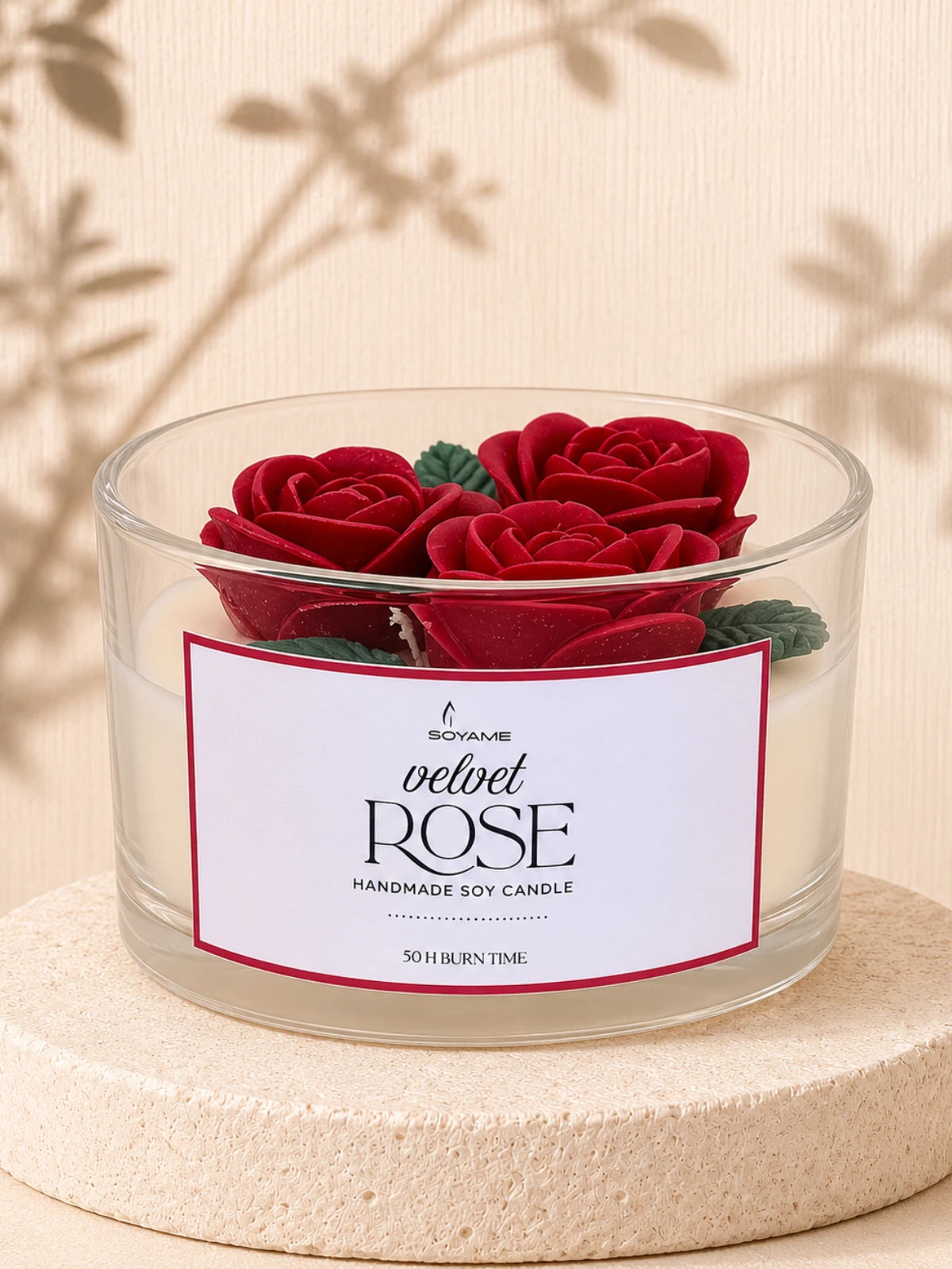 Velvet Rose handmade soy candle with red roses wax details in a glass jar