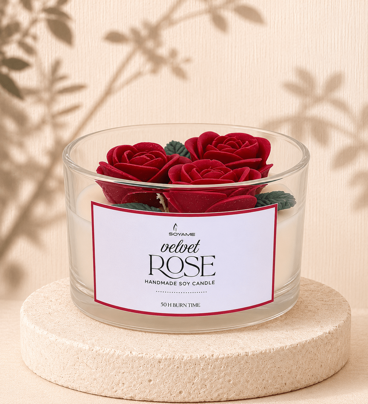 Velvet Rose handmade scented soy candle by SOYAME with red rose wax details
